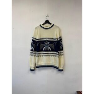Vintage Silton Sweater Mens‎ Medium Cream Navy Thunderbird Knit Pullover 80s